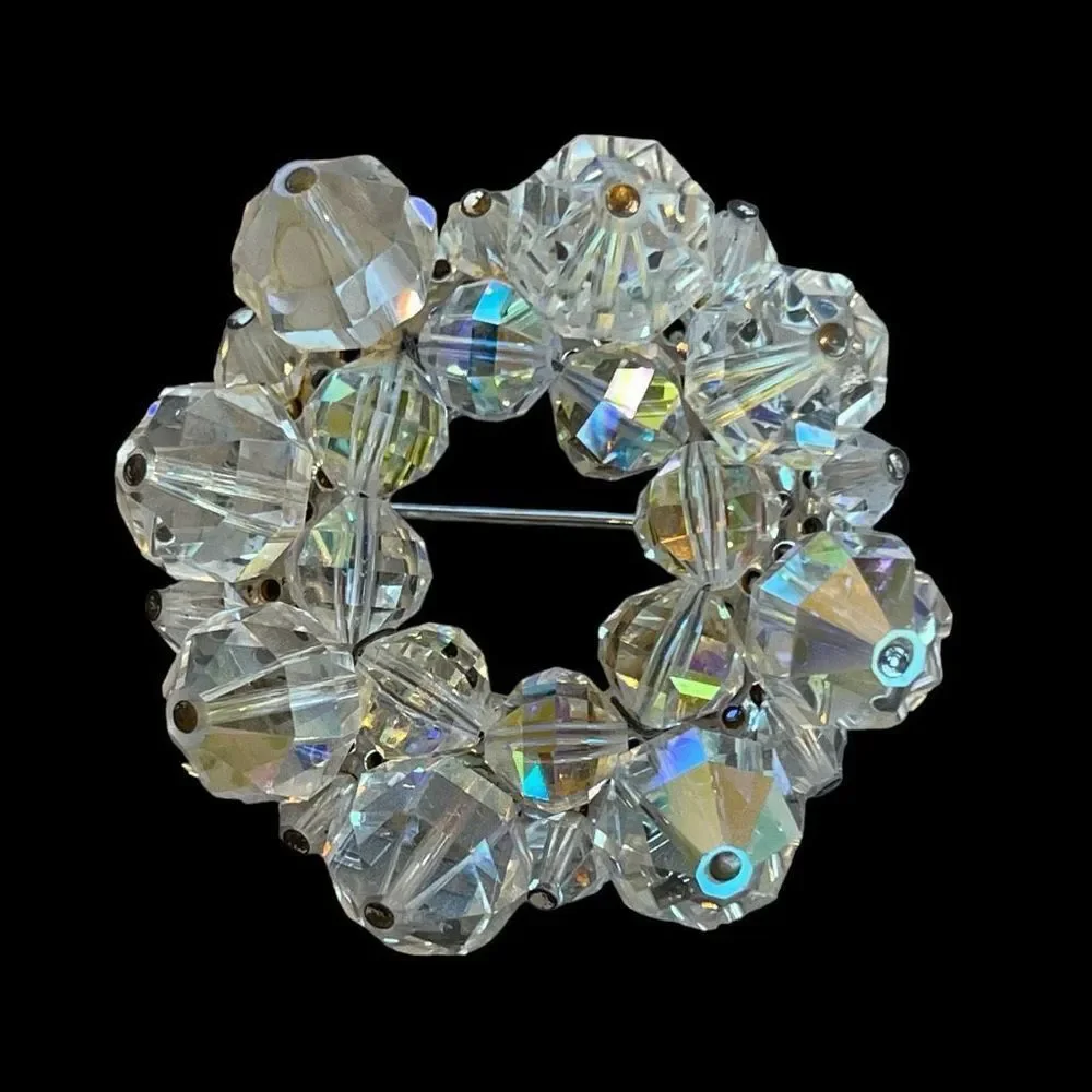 Vintage AB Crystal Bead Circle Brooch Pin 50’s
