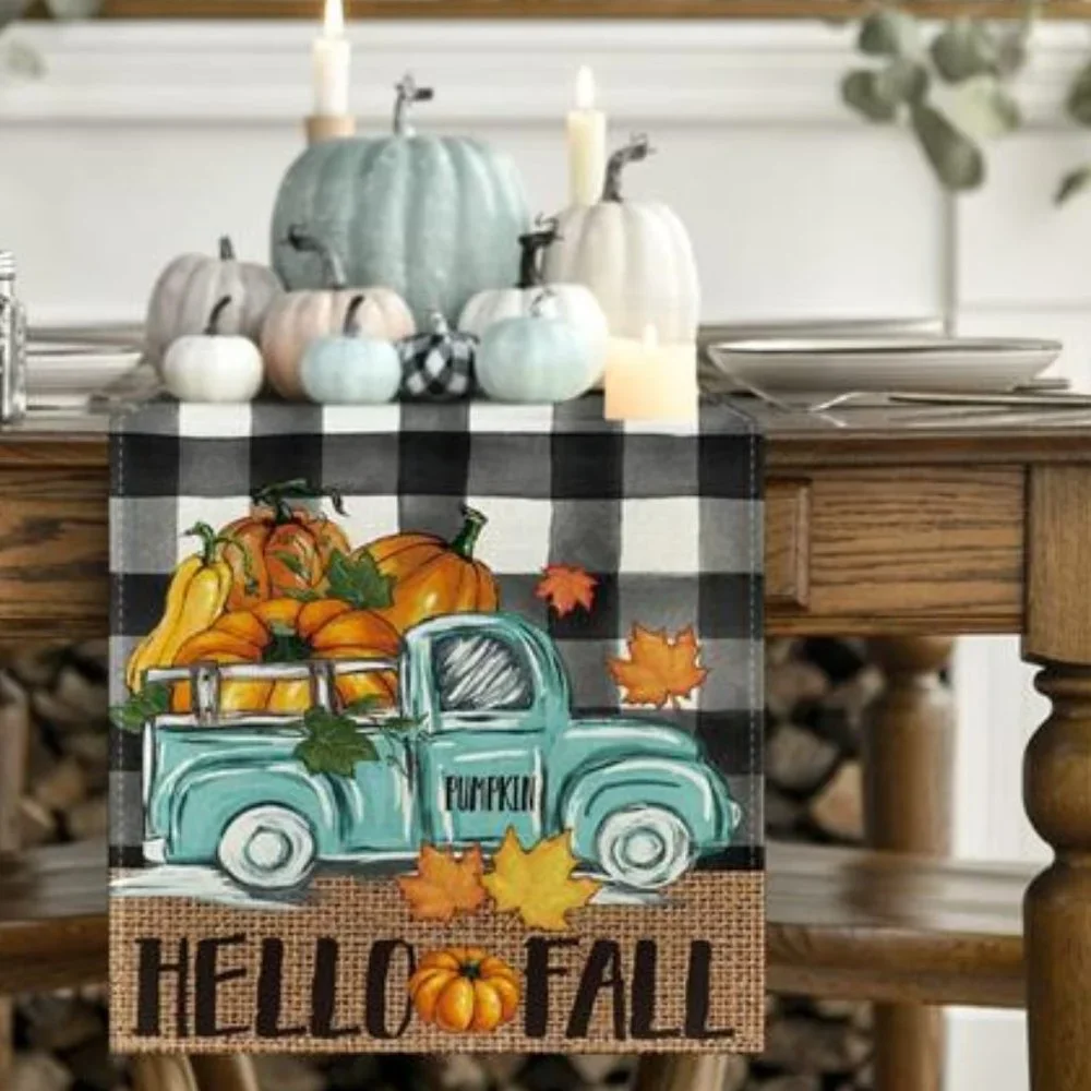 Fall Table Runner Thanksgiving Decor Pumpkin Truck Country Cottage Decoration