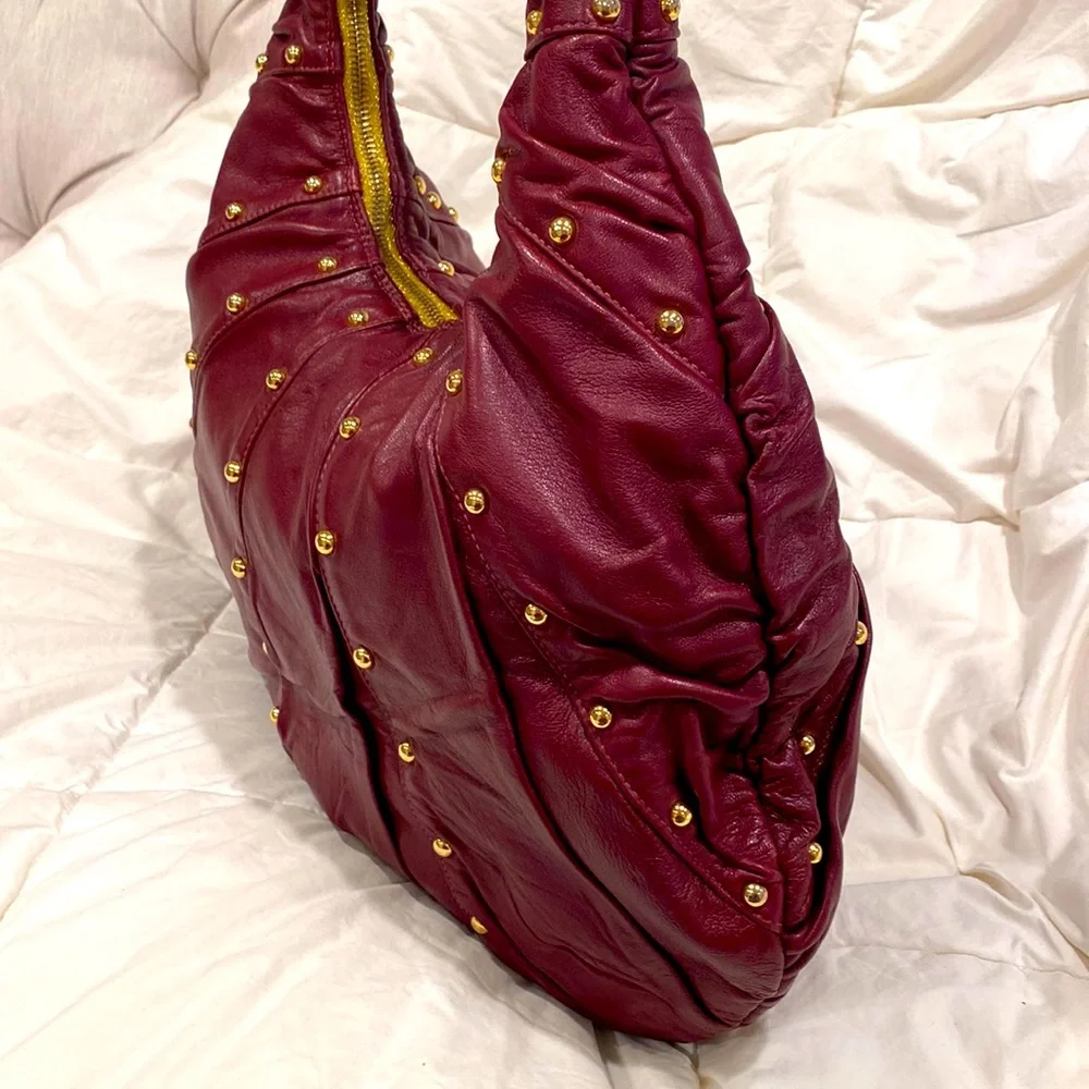 GOLDENBLEU burgundy leather purse 👛 semi circular bag with gold tone stud over