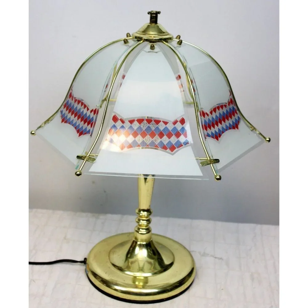 Vtg 1990s White Reverse Printed Checkered Gold Colored Bell Touch Lamp Red White