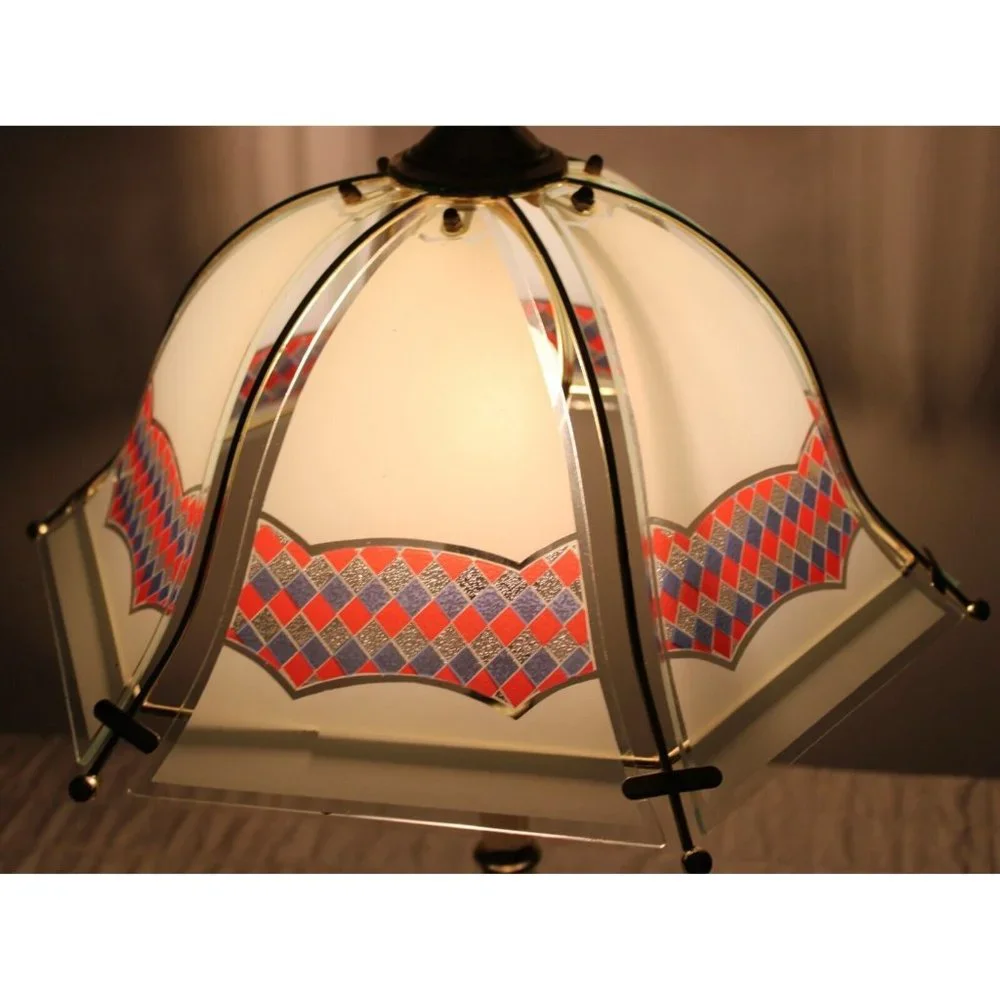 Vtg 1990s White Reverse Printed Checkered Gold Colored Bell Touch Lamp Red White
