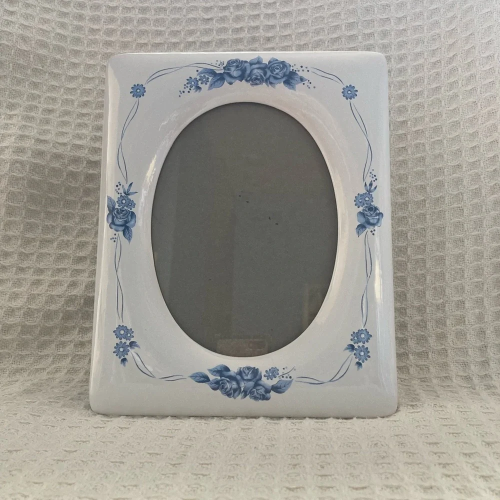 Ceramic White Frame With Blue Flower Print Design EUC