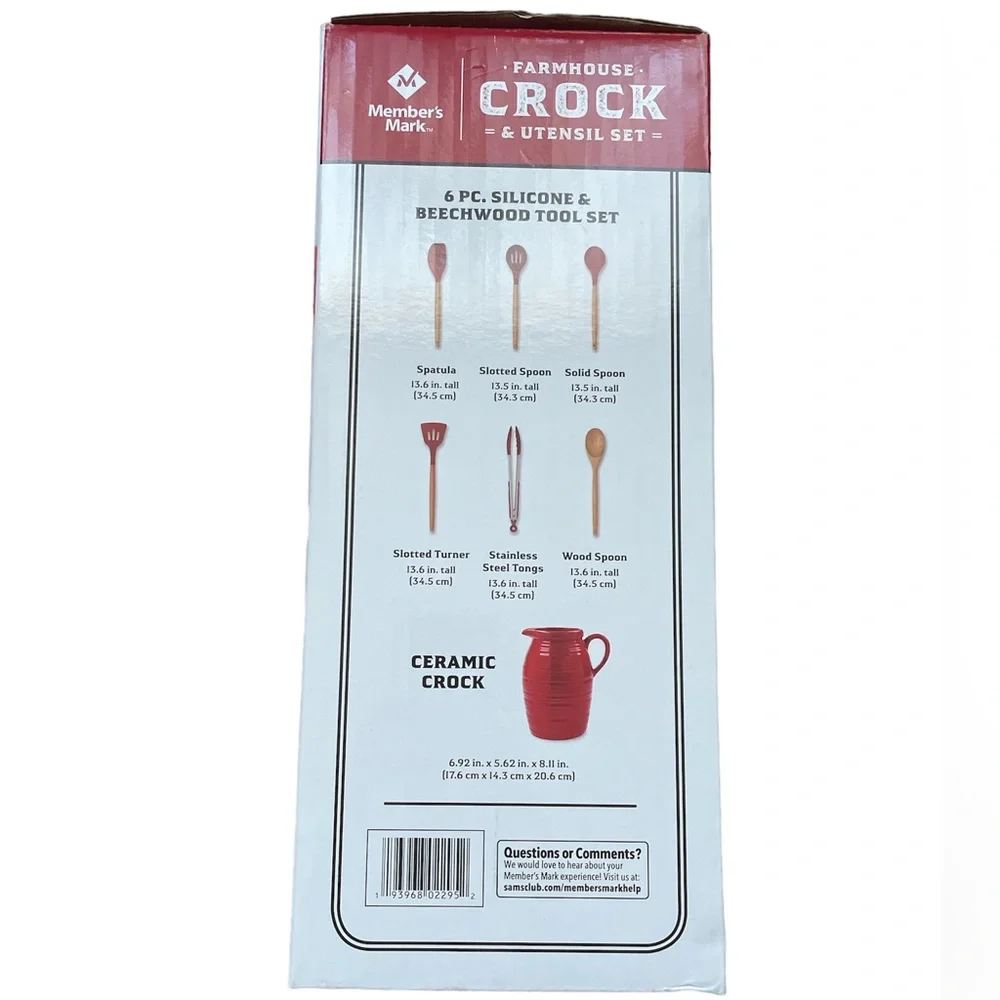 NWT Farmhouse Crock & Utensil 7 Piece Kitchen Cooking Baking Red Ceramic Set