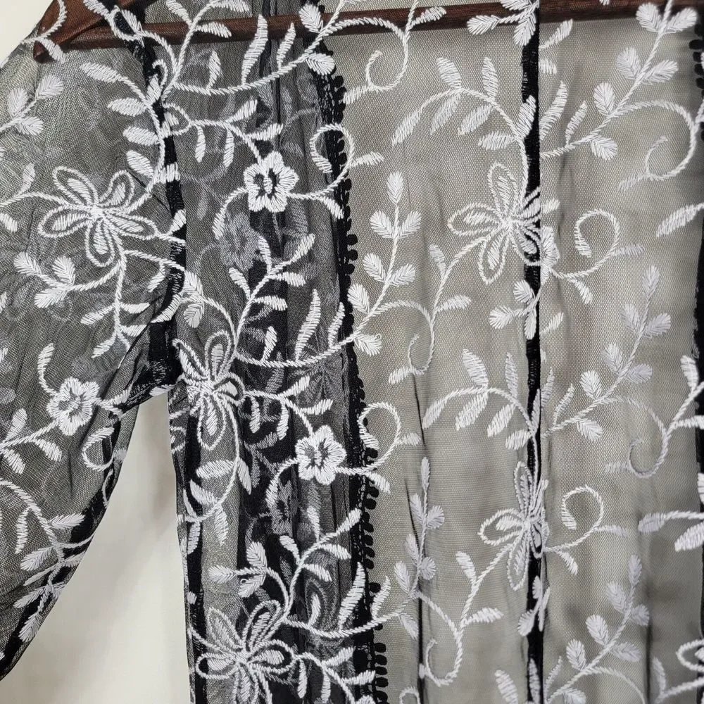 Colleen Lopez XS Duster Cardigan Kimono Embroidered Black White