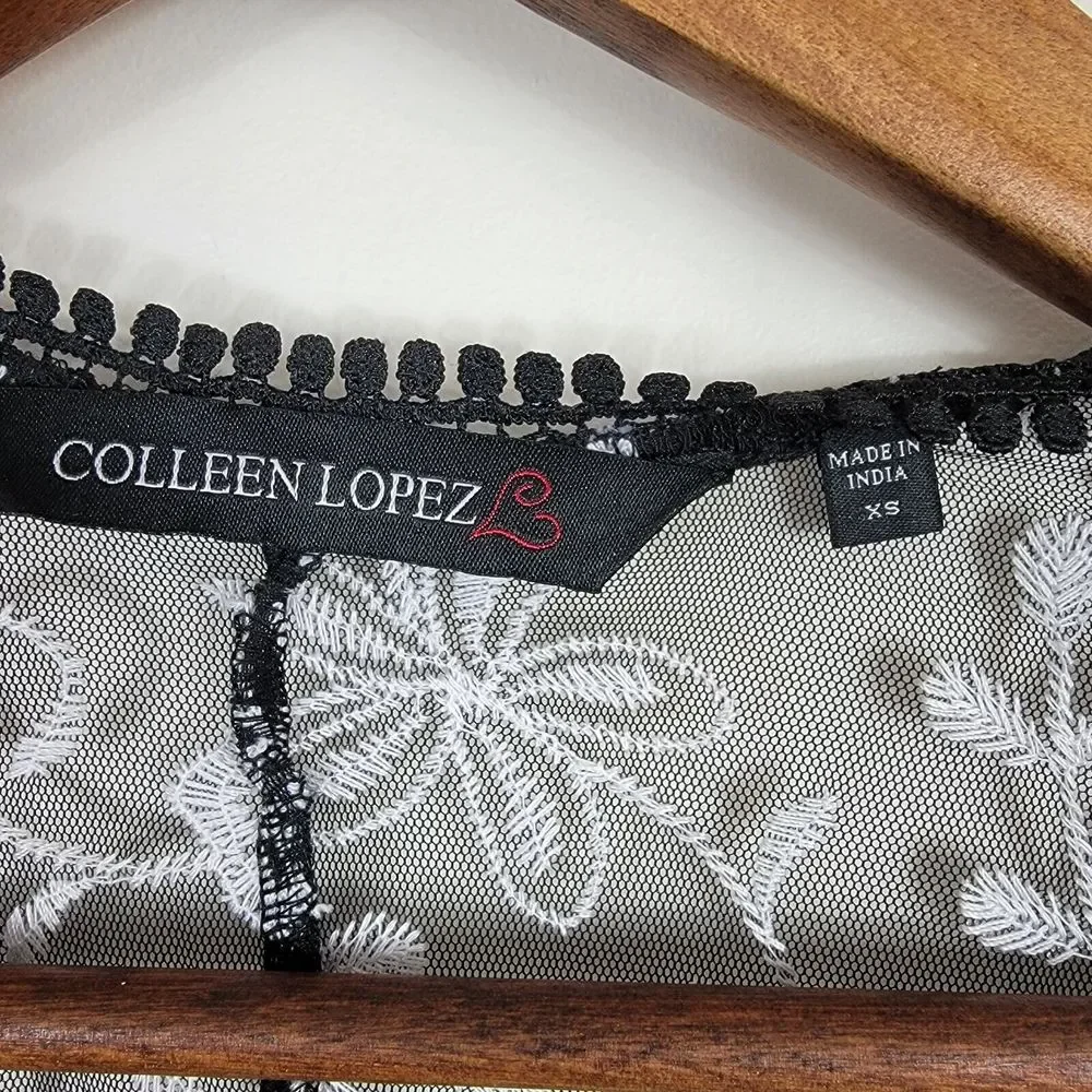 Colleen Lopez XS Duster Cardigan Kimono Embroidered Black White
