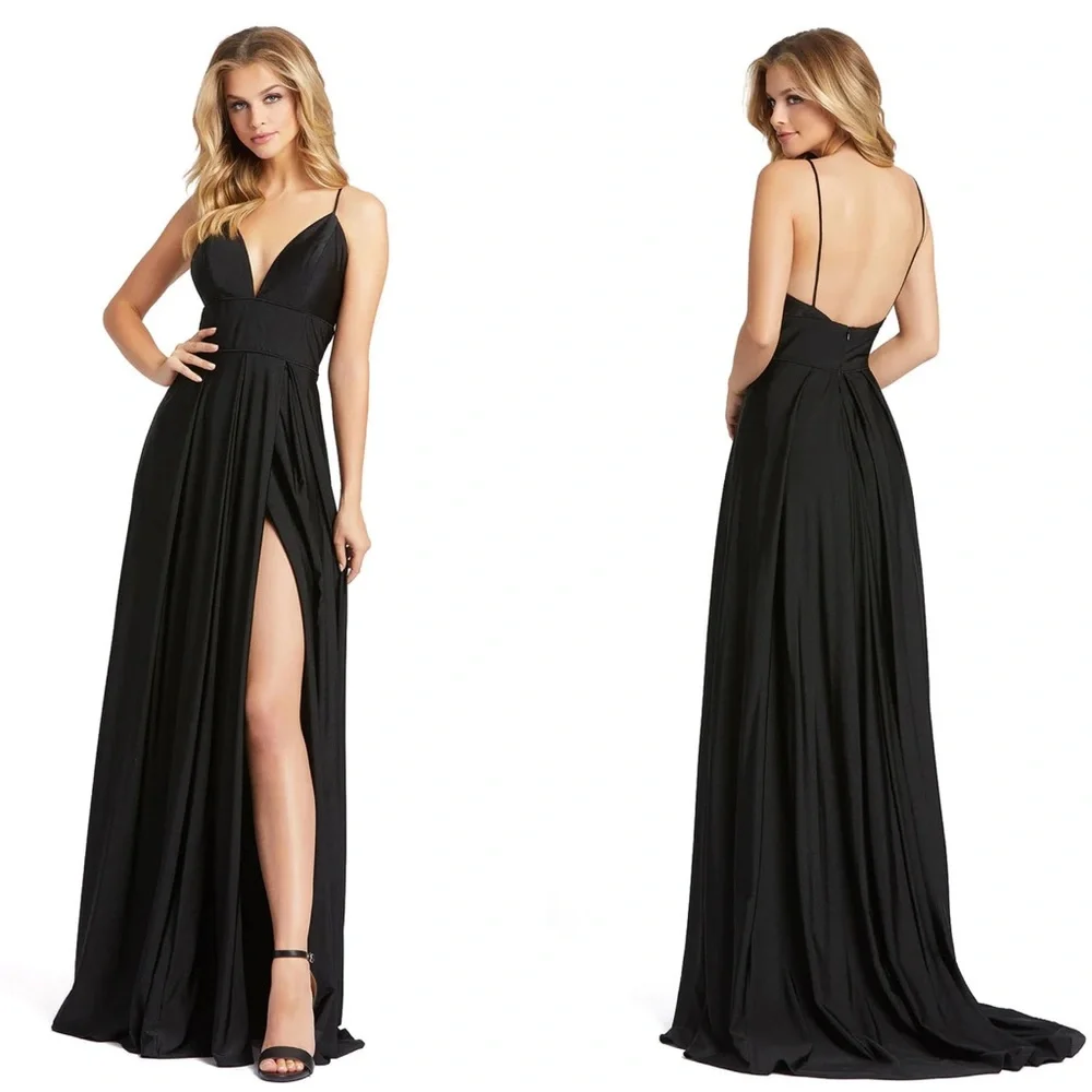 NWT Mac Duggal Ieena 26165 Plunge Neck High Slit Gown Black