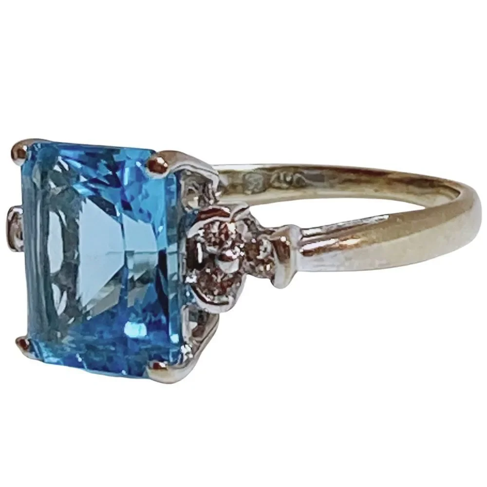 10k 10KT Karat Fine Solid White Gold Blue Topaz & Diamond Ring Women’s 6.5