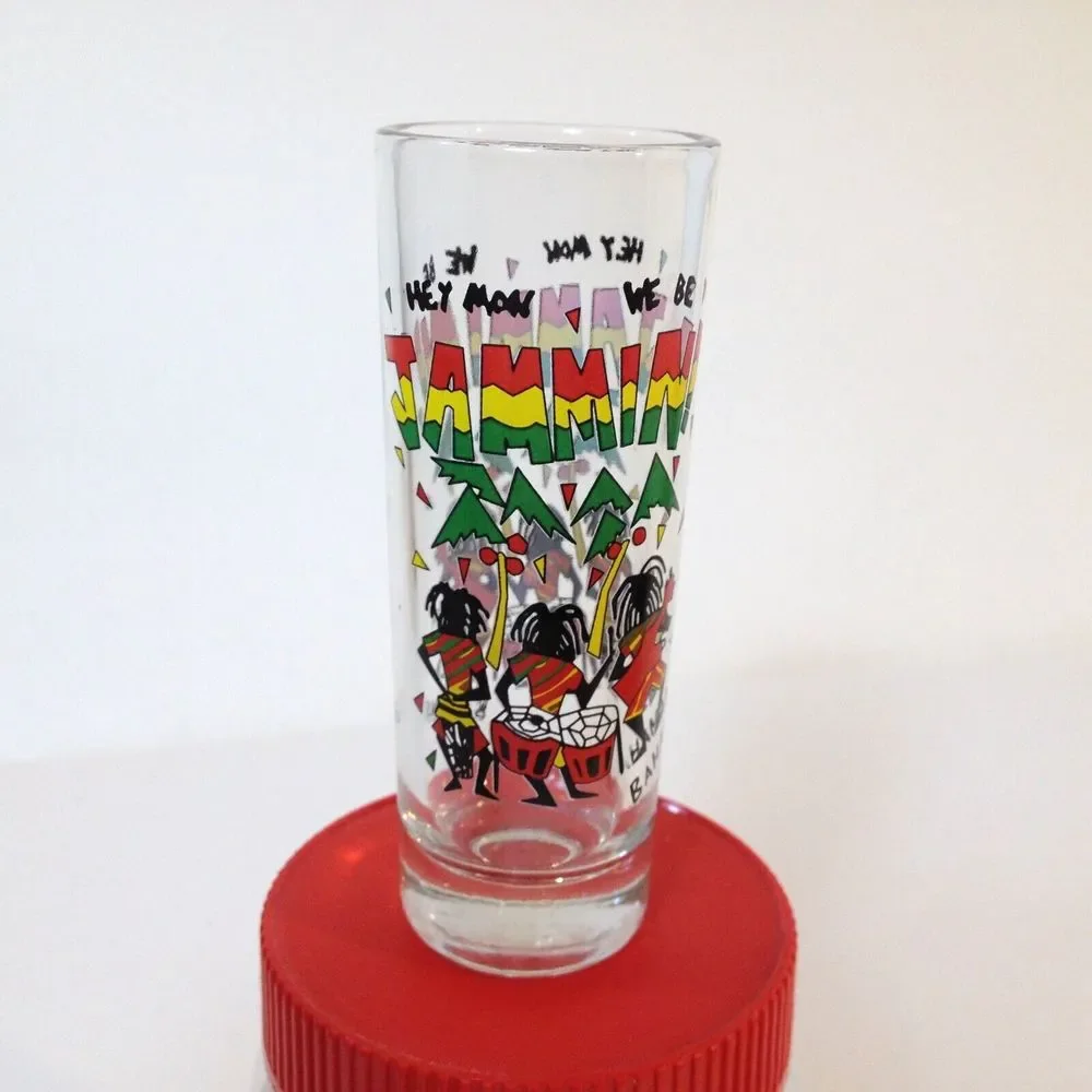 Vintage Bahamas Hey Mon We Be Jammin Shooter Shot Glass Embossed Designs