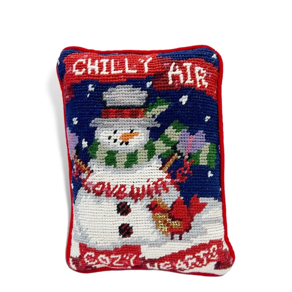 Vintage Needlepoint Snowman Red Cardinal Love Winter Mini Decorative Pillow 8x6