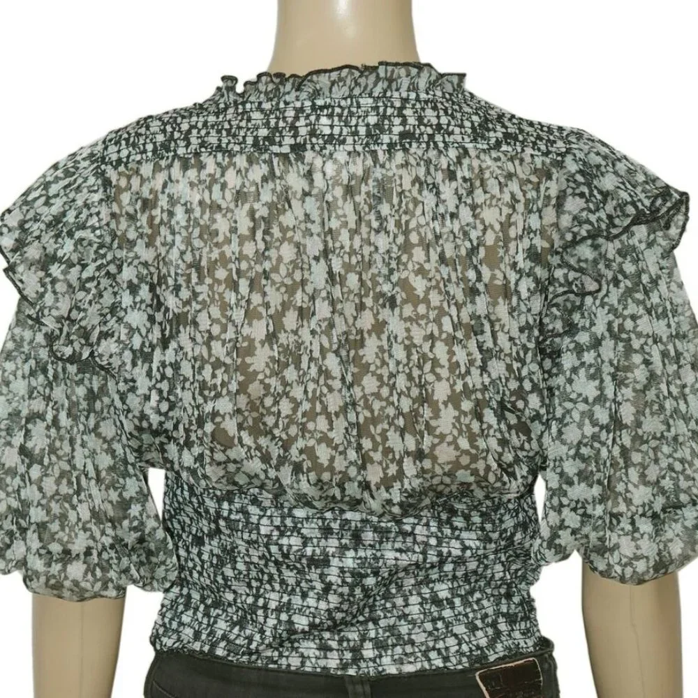 Free People Beatrice Lace-Up Top Printed Sheer Smocked Puff Sleeve