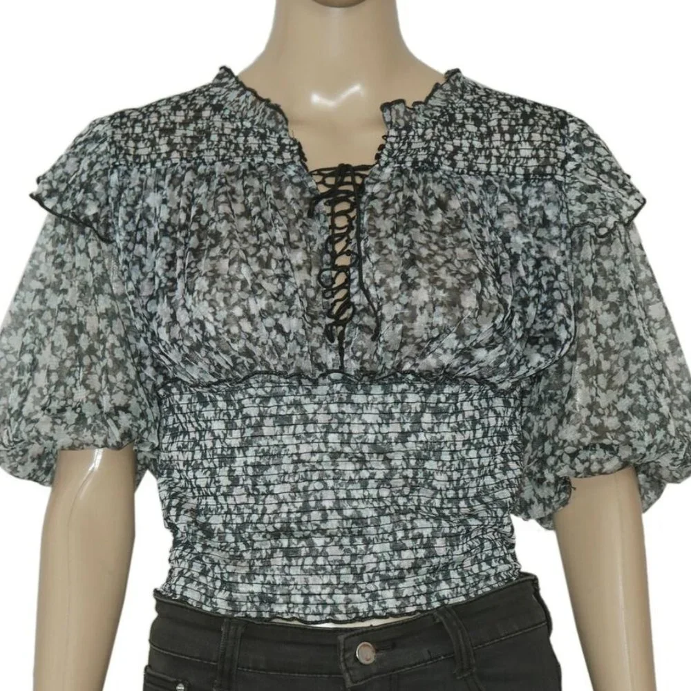 Free People Beatrice Lace-Up Top Printed Sheer Smocked Puff Sleeve