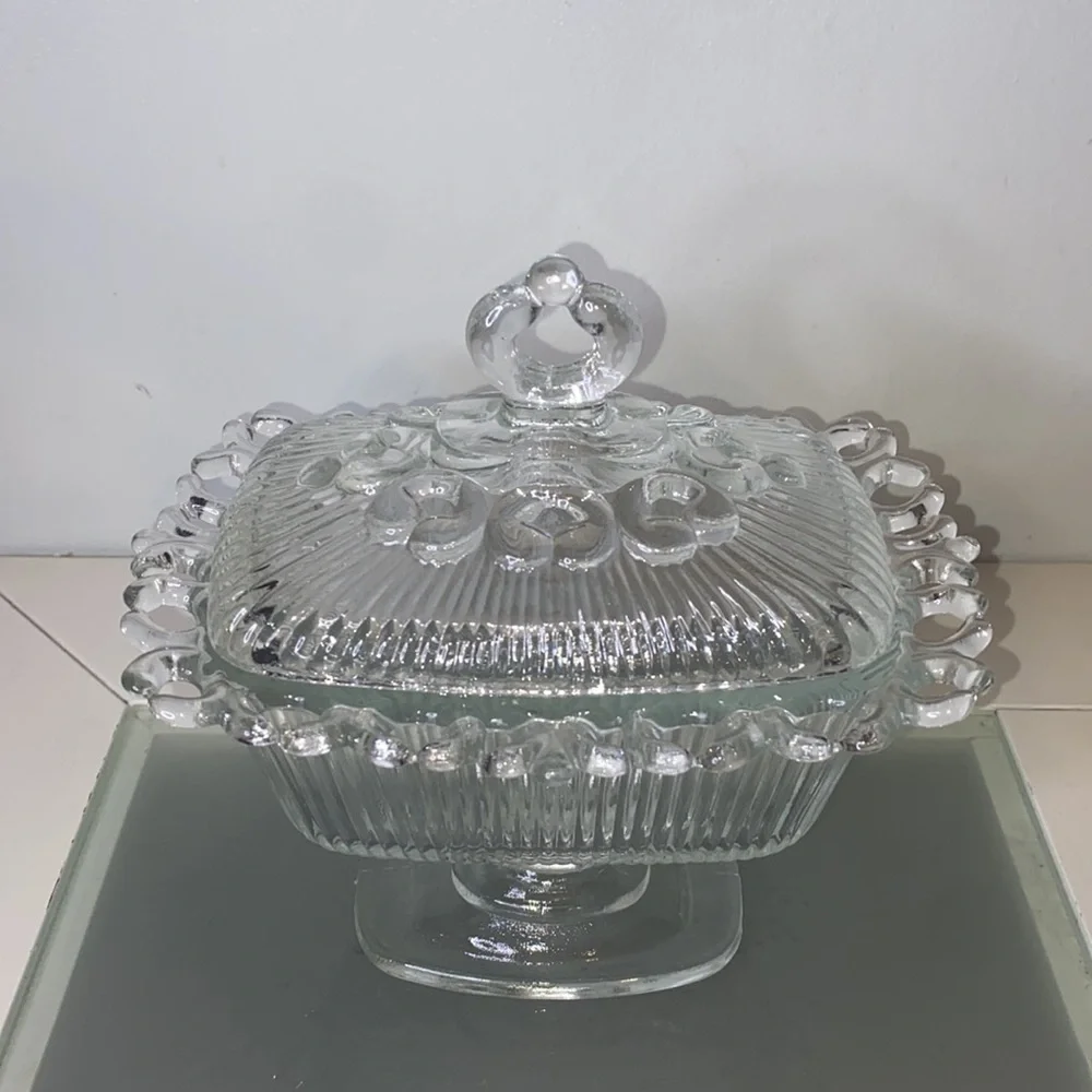 Vintage Indiana Glass Clear Lace Edge Pedestal Candy Bowl with Lid