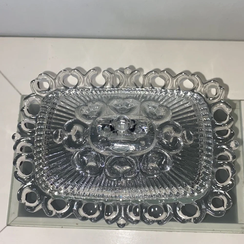 Vintage Indiana Glass Clear Lace Edge Pedestal Candy Bowl with Lid
