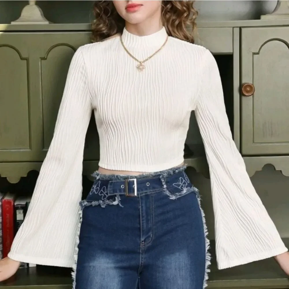 Ivory Mock Neck Key Hole Crop Top