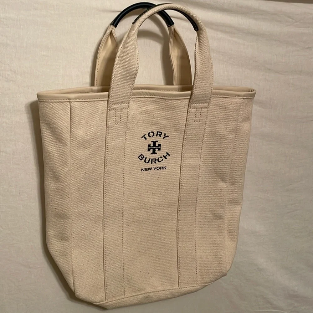 Tory Burch Mercer St. Canvas Tote Bag in Cream Navy Leather Straps