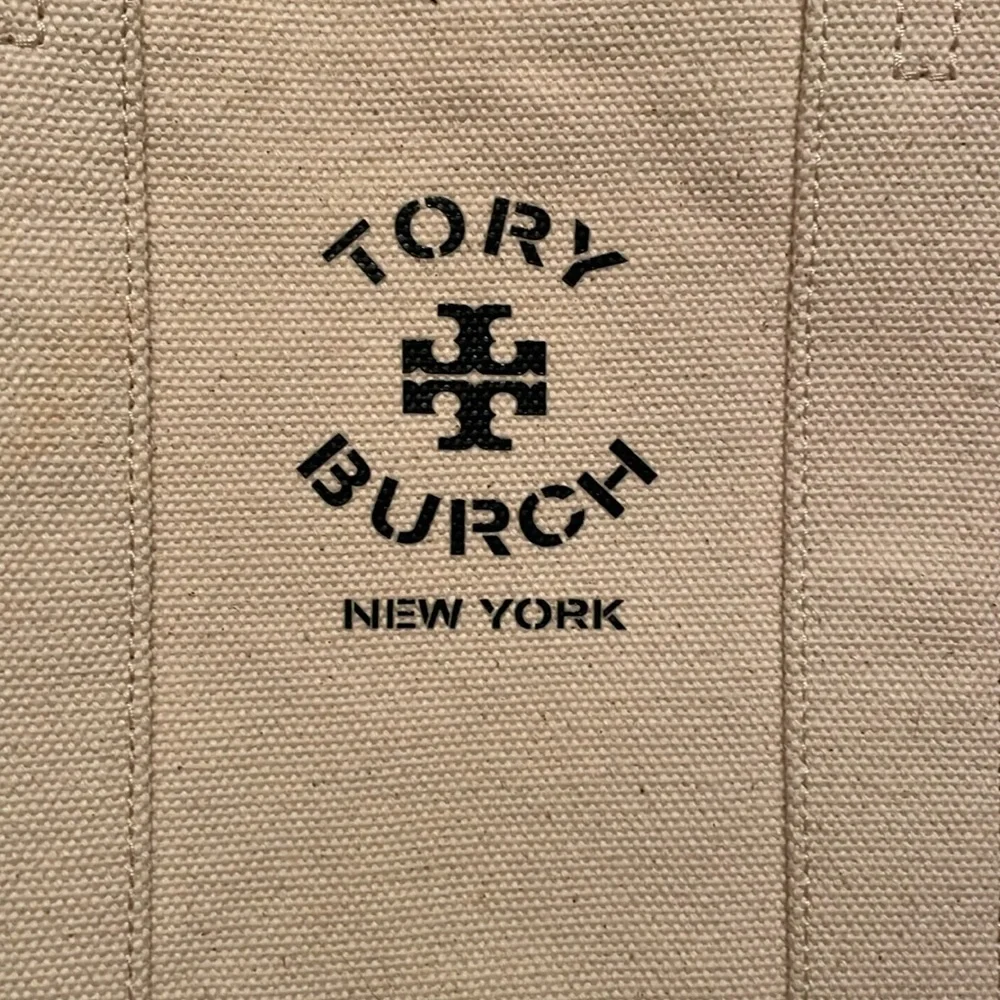 Tory Burch Mercer St. Canvas Tote Bag in Cream Navy Leather Straps