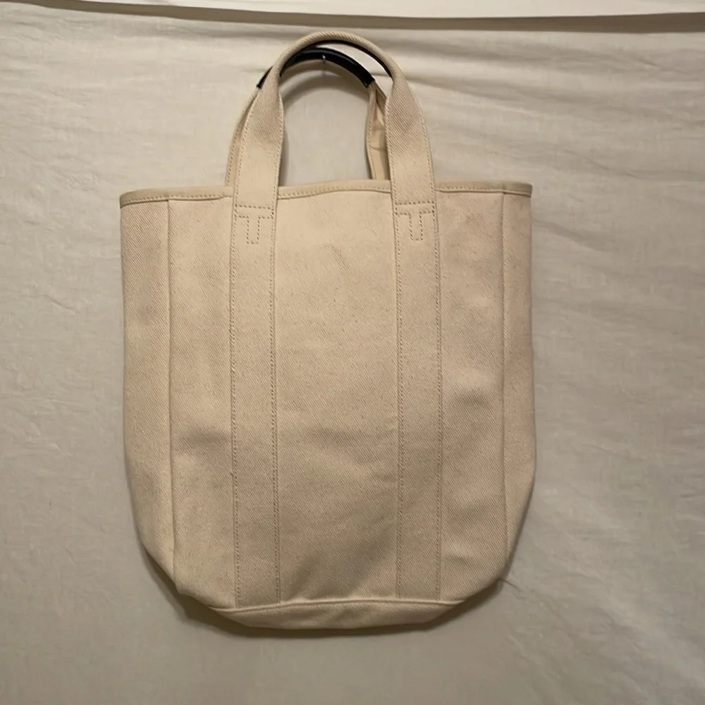 Tory Burch Mercer St. Canvas Tote Bag in Cream Navy Leather Straps