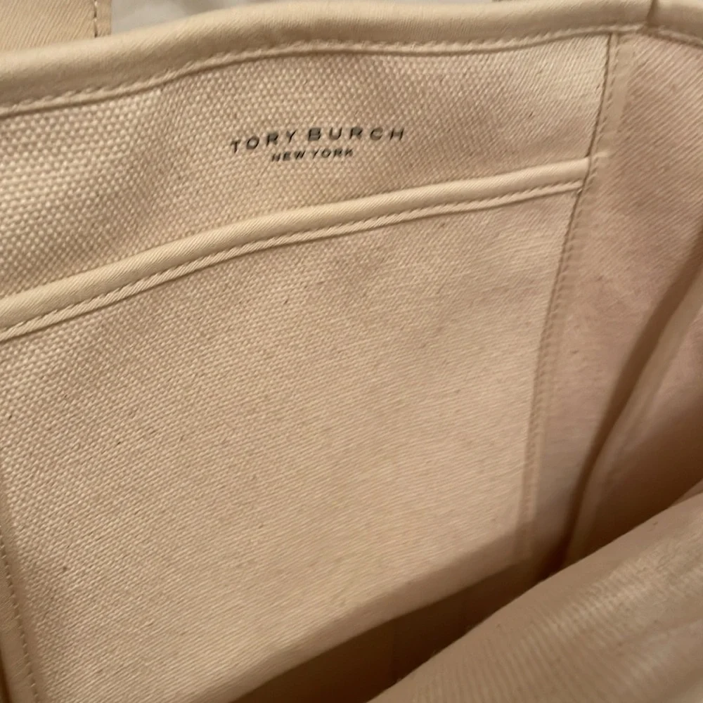 Tory Burch Mercer St. Canvas Tote Bag in Cream Navy Leather Straps