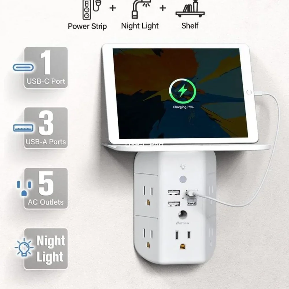 Mifaso Wall Outlet Extender with Shelf and Night Light,Surge Protector, Charger