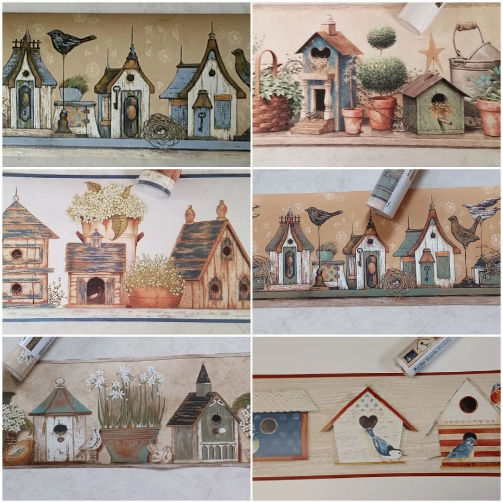 Wallpaper Border Country Wooden Birdhouses Knowles Teal 2 Rolls