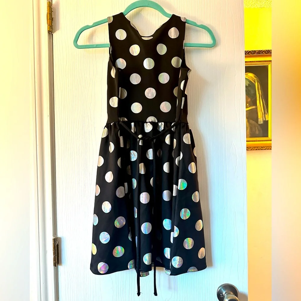 Justice skater dress- black with large silver polka dots. Size 12