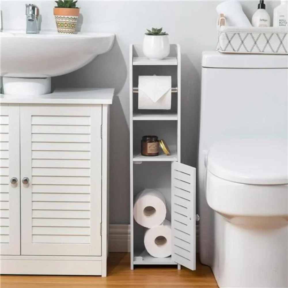 Toilet Paper Holder Stand, Storage Cabinet with Toilet Roll Holder, White