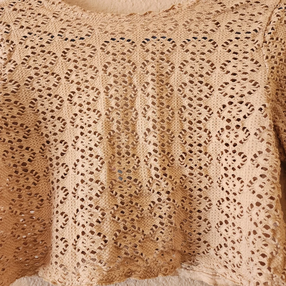 FREE PEOPLE BEACH Cream Lurex Crochet Long Sleeve Boho Top Blouse Sz Small