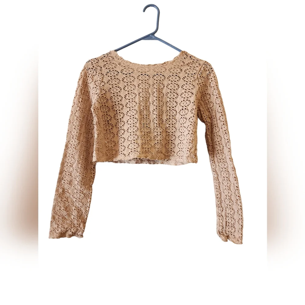FREE PEOPLE BEACH Cream Lurex Crochet Long Sleeve Boho Top Blouse Sz Small