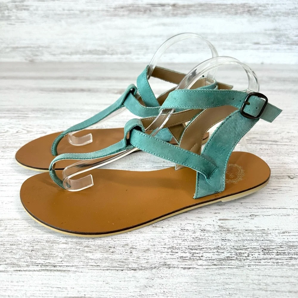 URBAN OUTFITTERS ECOTE Suede Leather Thong Strappy Sandals Sea-foam green blue