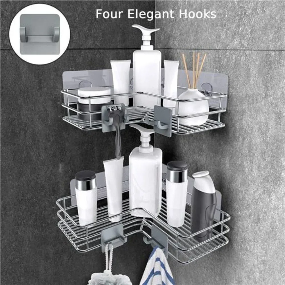 Adhesive Corner Shower Caddy Shelf Basket Rack with Hooks,Rust Proof Shelf