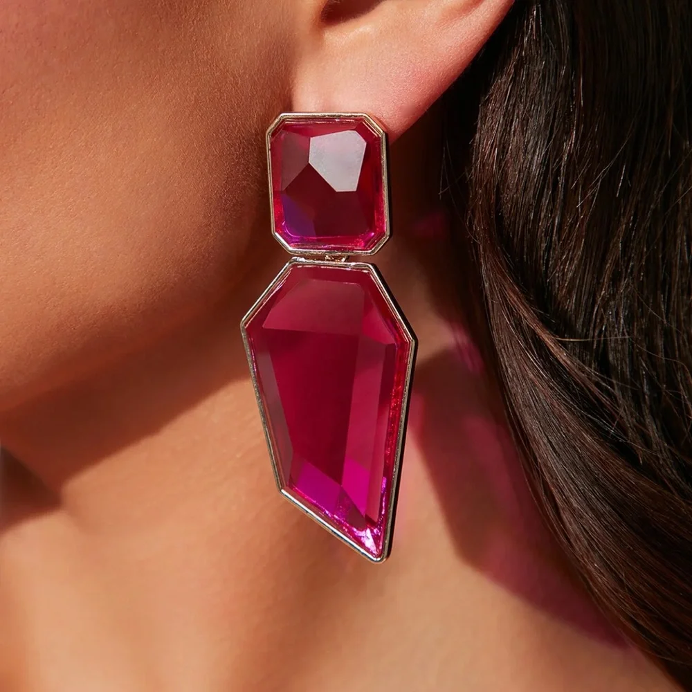 Pink crystal gold drop long hanging earrings