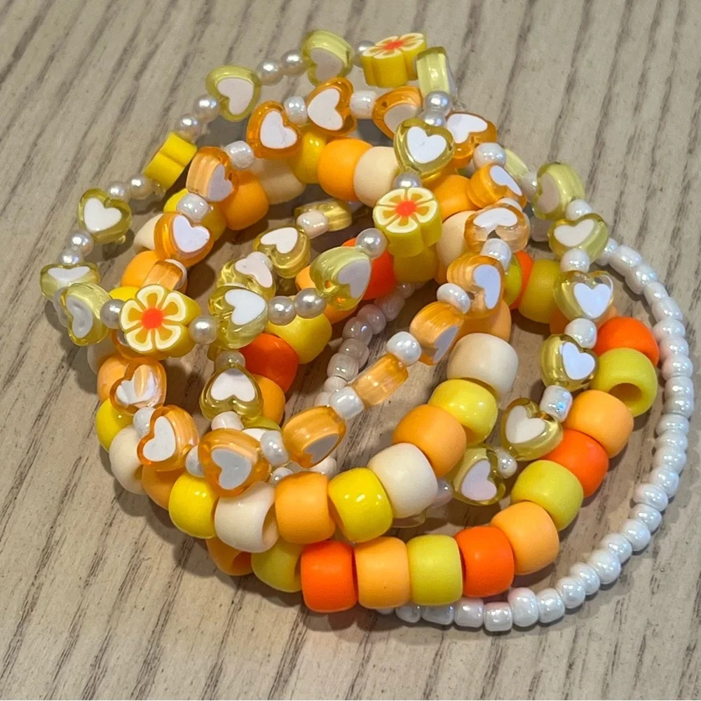Girls teens beaded friendship bracelets stretchy stackable yellow orange white