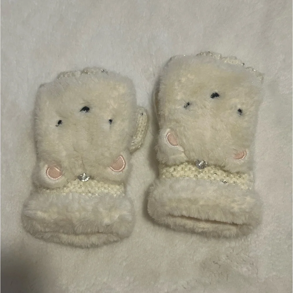 Kids Polar Bear White Sparkle Mittens Cute Design Dimond Open & Close No Damages