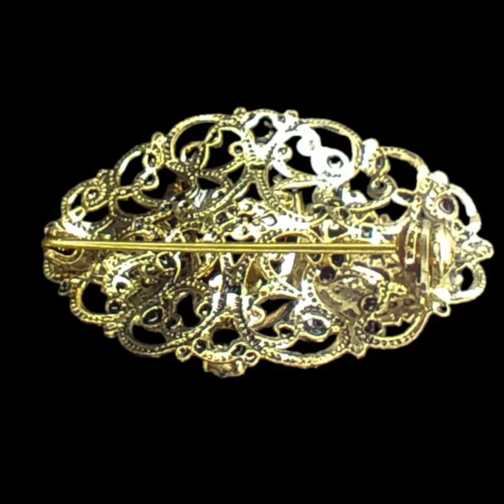 Gold Filigree Brooch Pin Green Stones Victorian Prong Settings Oval Goldtone