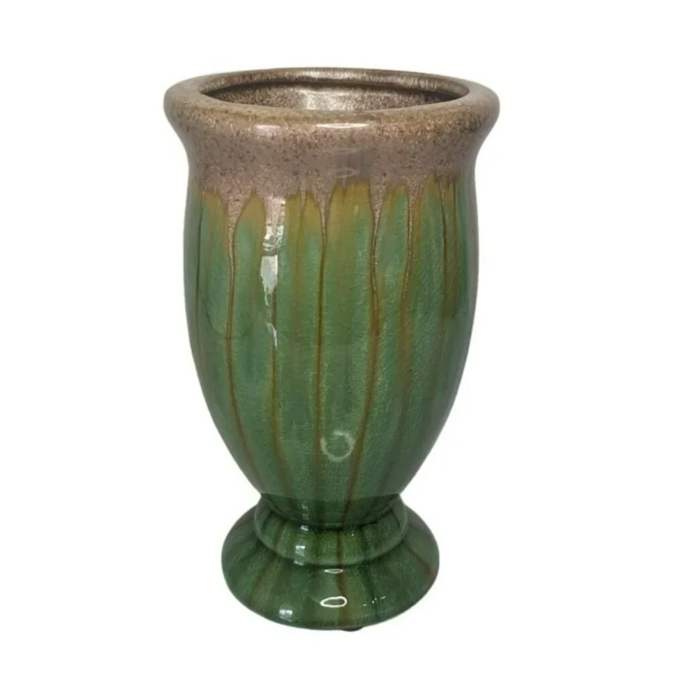 Vintage Mid Century Modern Green Gold Drop Glazed Pottery Vase