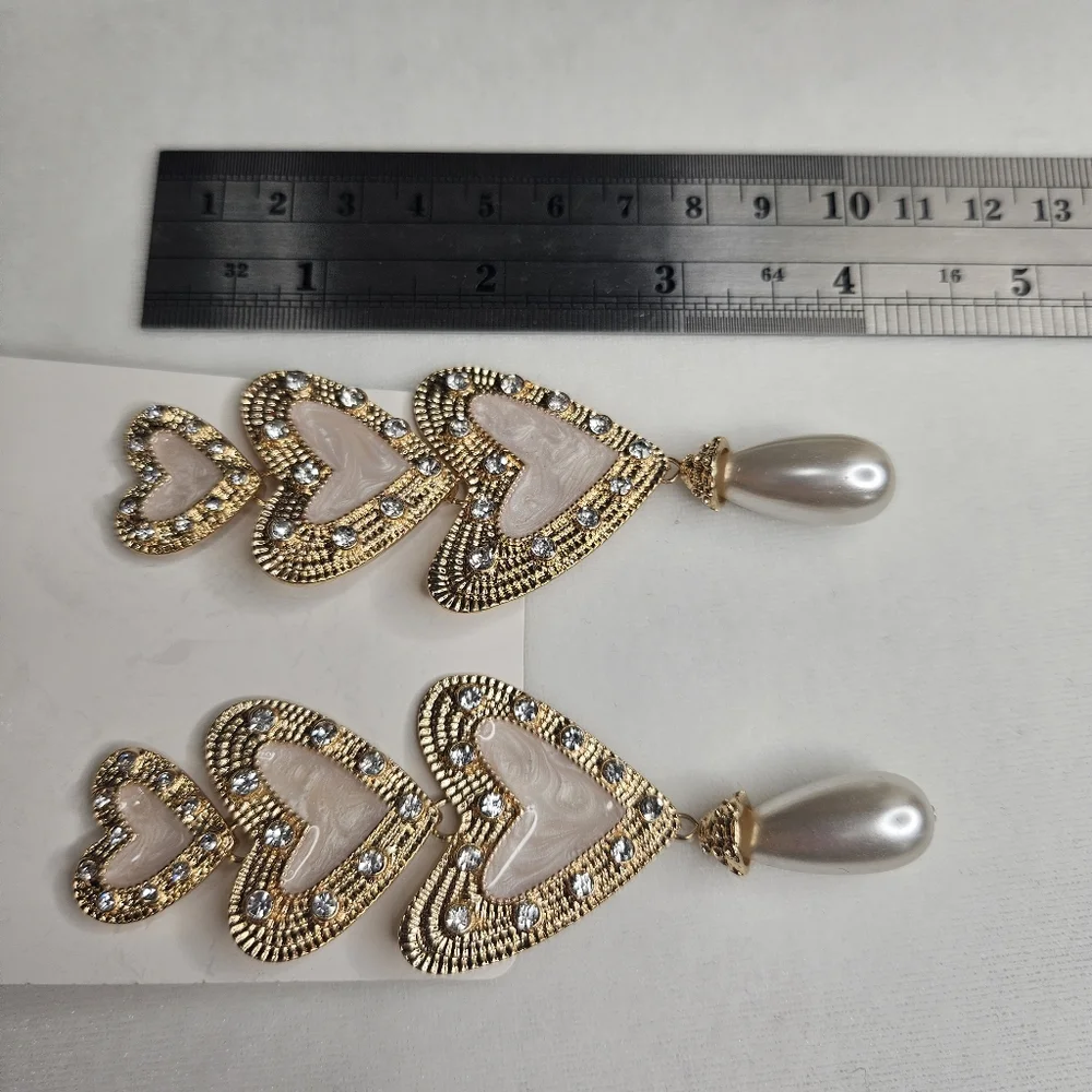 Light Pink Triple Hearts Pearl Rhinestone Statement Earrings Prom Jewelry