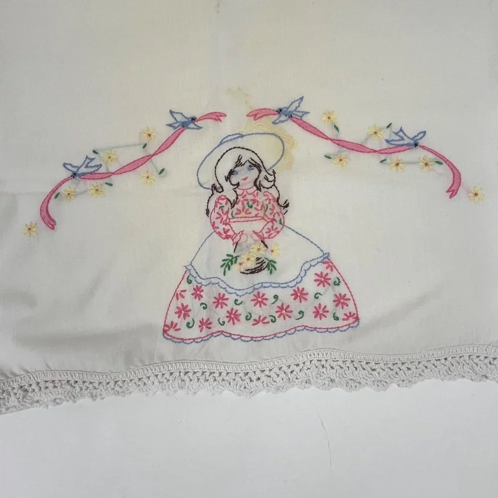 Vintage Hand-Embroidered Pillowcases Crochet Edge Set of 2 Girl with Basket of F