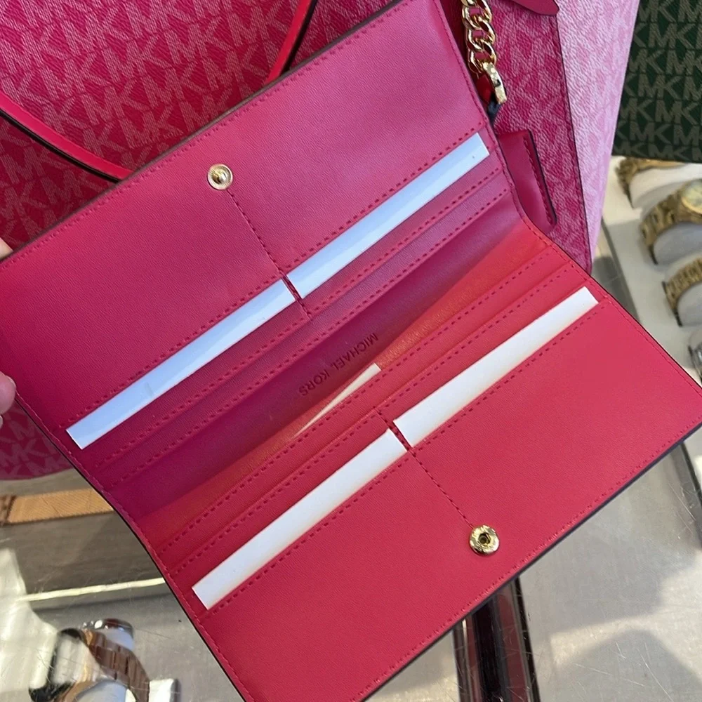 MICHAEL KORS Reed Large Snap Signature Wallet Electric Pink NWT