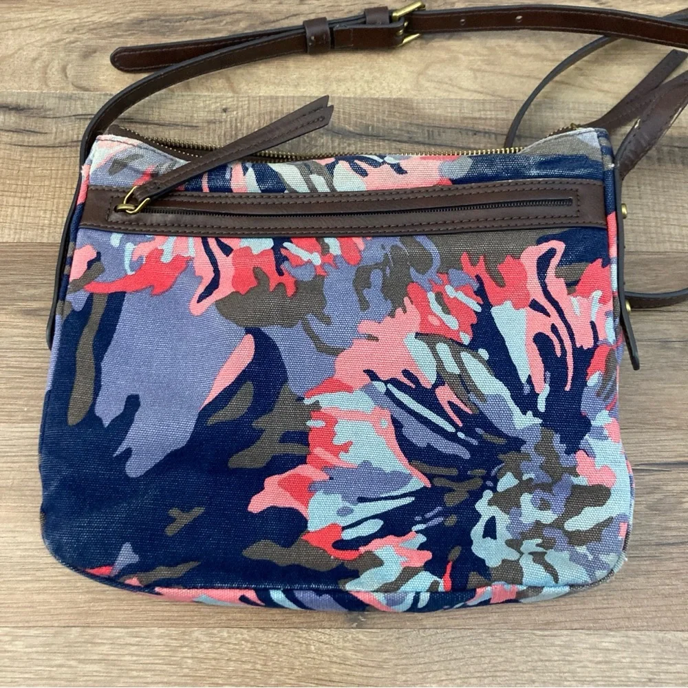 Fossil Jenna Floral Crossbody Canvas Leather Bag Blue Multicolor