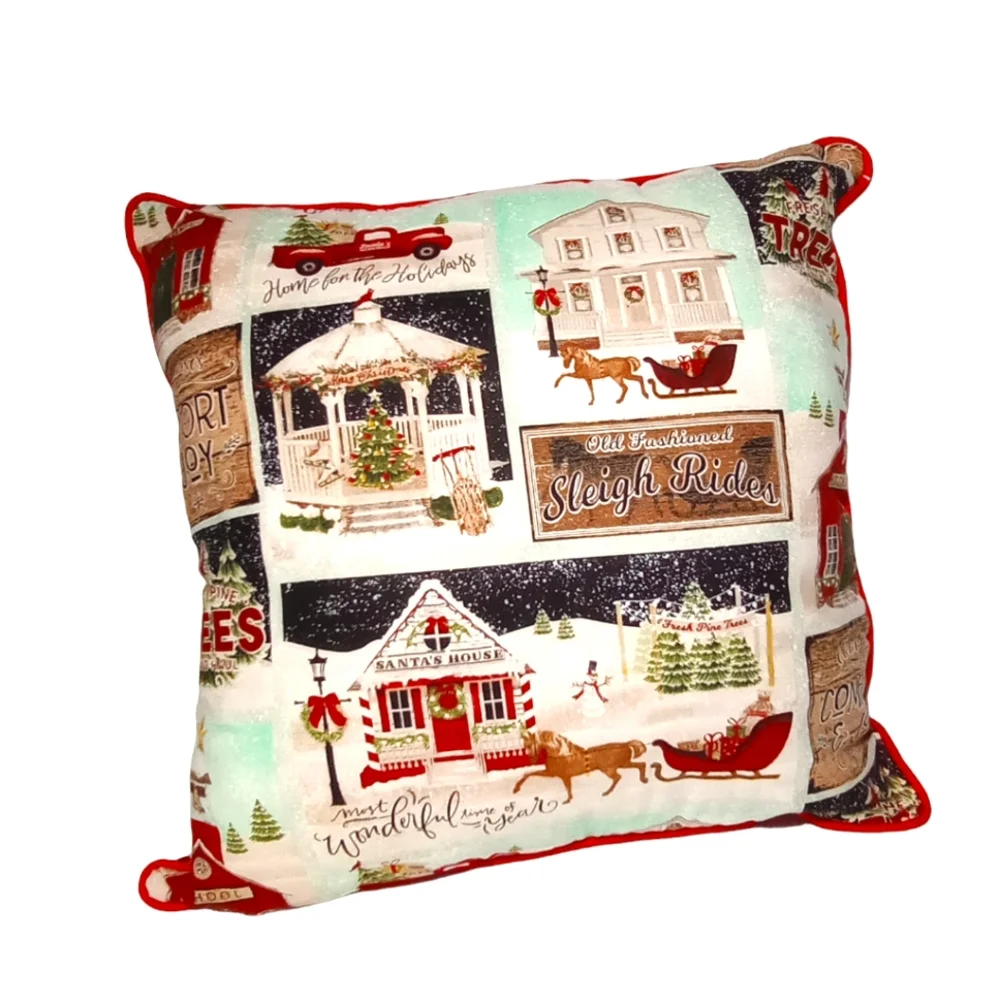 Christmas Red Truck Sleigh Village Pine Trees Snow Flakes Pillow 15