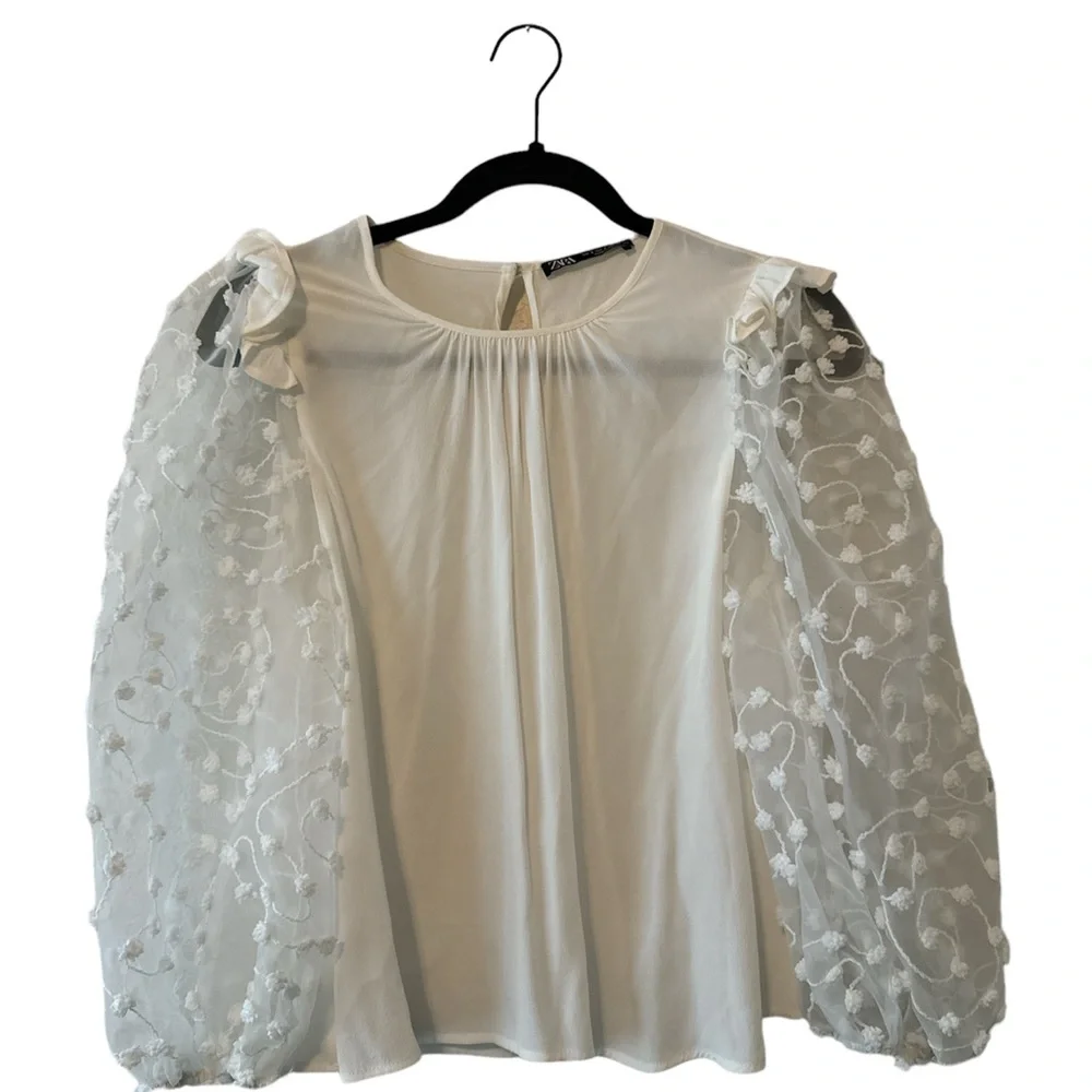 Zara Mesh Puff Ball Balloon Sleeve Top