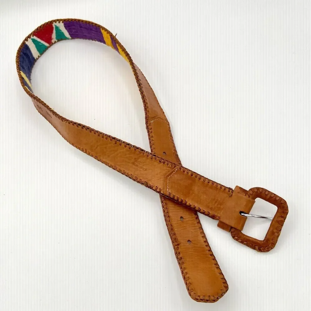 Lands' End Belt Guatemala Woven Tapestry Stamped Leather Colorful Vintage Sz 30