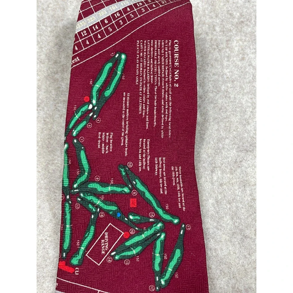 Pinehurst Golf Men's Tie Silk USA Scenic Course #2 Layout Burgundy Red Scorer
