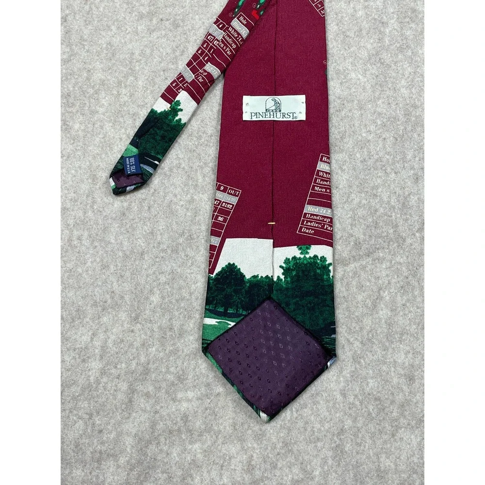 Pinehurst Golf Men's Tie Silk USA Scenic Course #2 Layout Burgundy Red Scorer