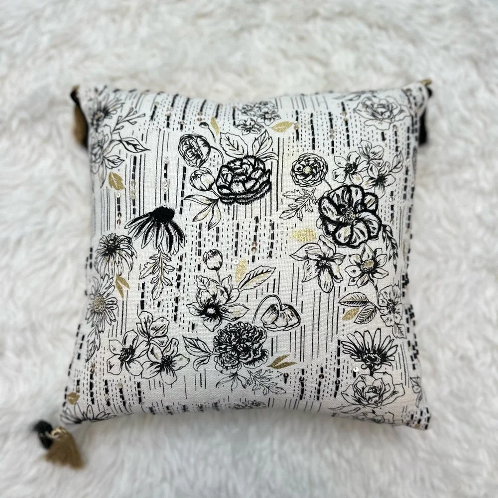 PAPER SOURCE | Black, Cream, and Gold Floral Accent Pillow