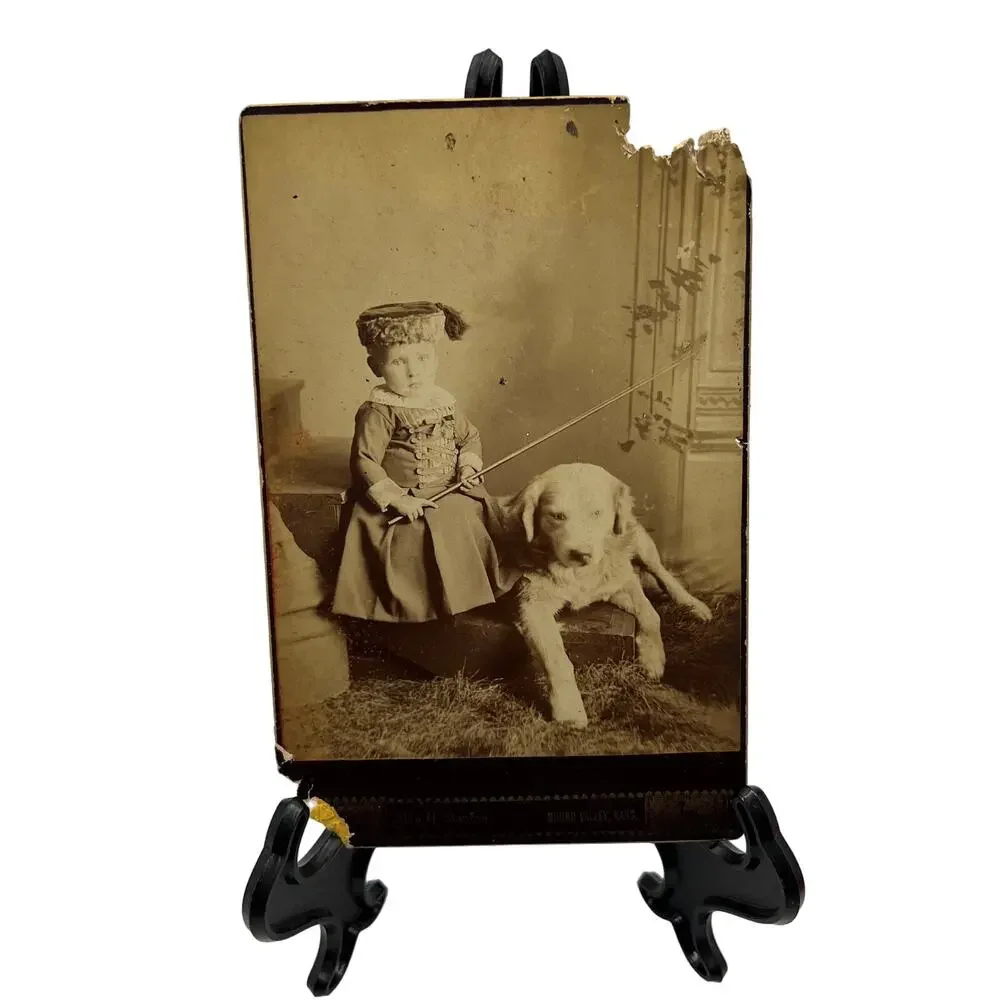 Antique Mounted Card Stock Black White Photo Child Boy Puppy 1800's Photograph