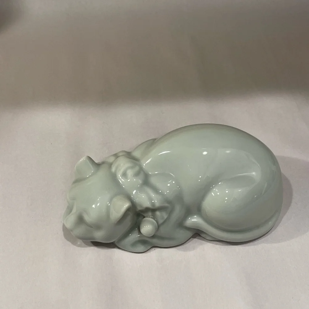 Vintage Sleeping Cat Japanese Celadon Nemuri Neko Figurine Okimono Mid Century