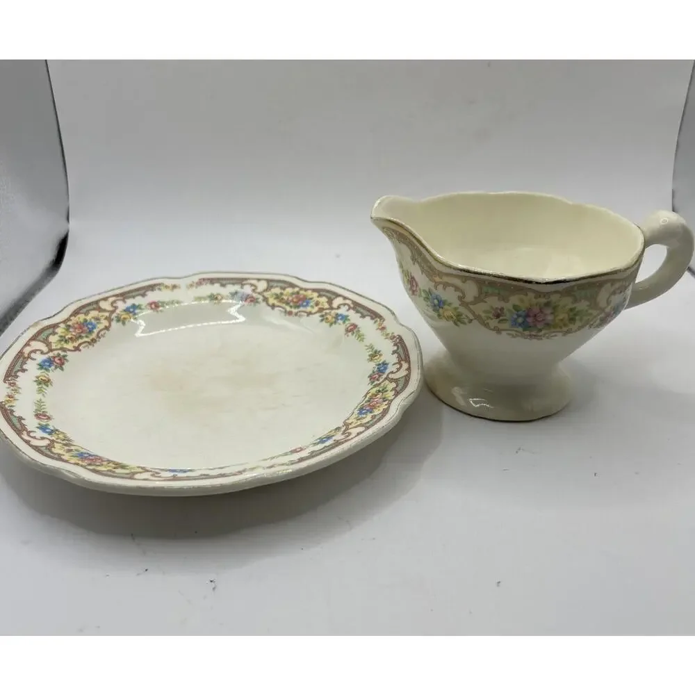 Antique 1930s Mount Clemens Mildred Footed Creamer & Plate Gold Trimmed USA USA