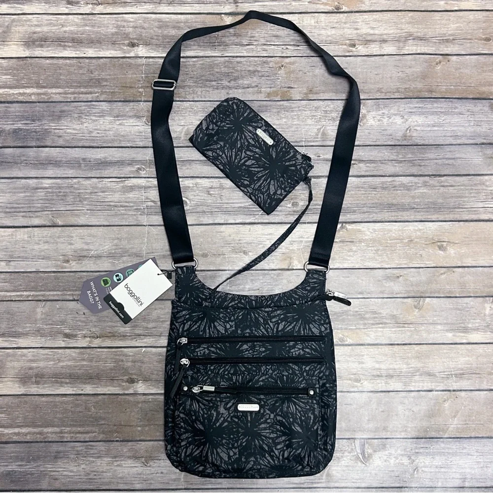 Baggallini Black Gray Onyx Floral Nylon Around Town Crossbody Bagg RFID Wristlet
