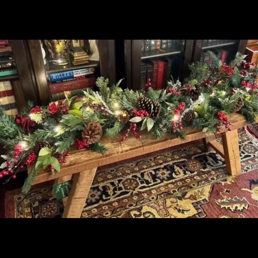 9 foot Premium Pre-lit Glittered Berries Pine Cones Garland, Farmhouse Christmas